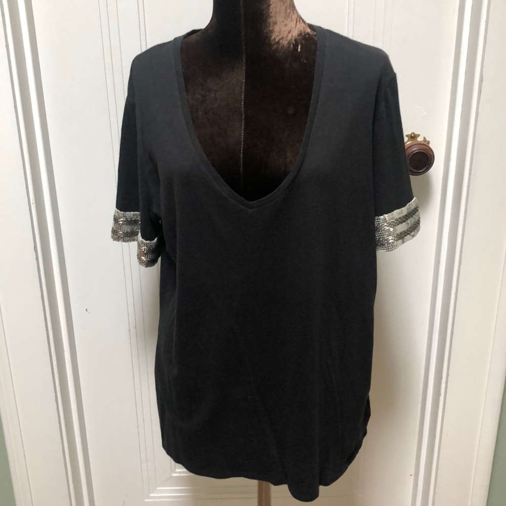 Tory Burch V Neck XL T Shirt with Silver Sequins
